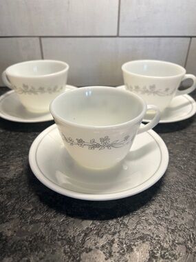 Corelle/Pyrex White and grey Floral Ribbon  Bouquet Teacup and Saucer Set of 3